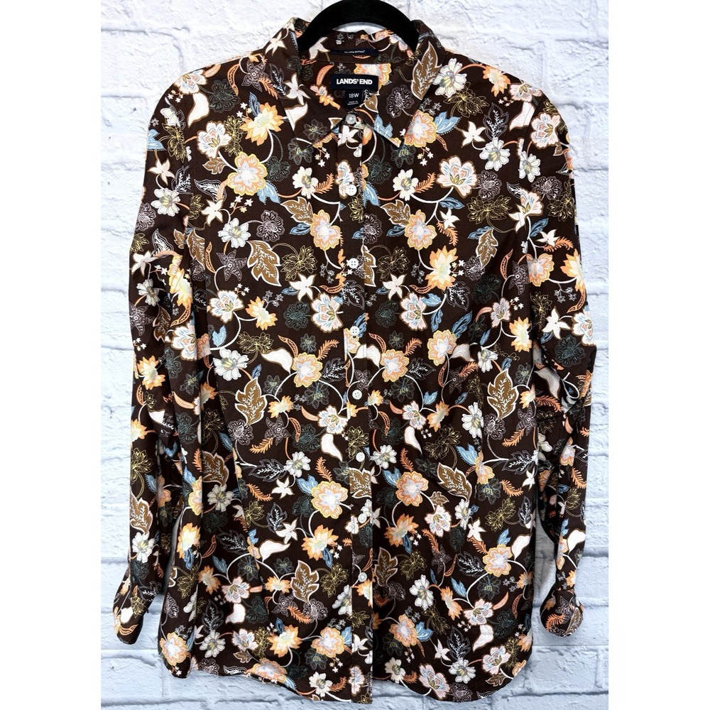 LANDS END Floral Shirt Sz 18 Brown Forest Fairy Button Up Boho Autumn‎ No Iron